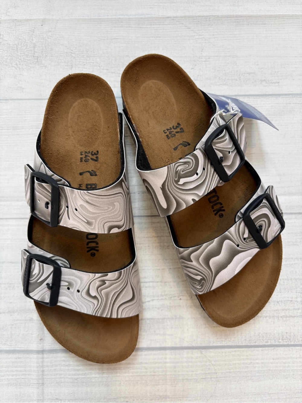 Birkenstock Women's Double Strap Sandals in Marble Swirl Gray and Black